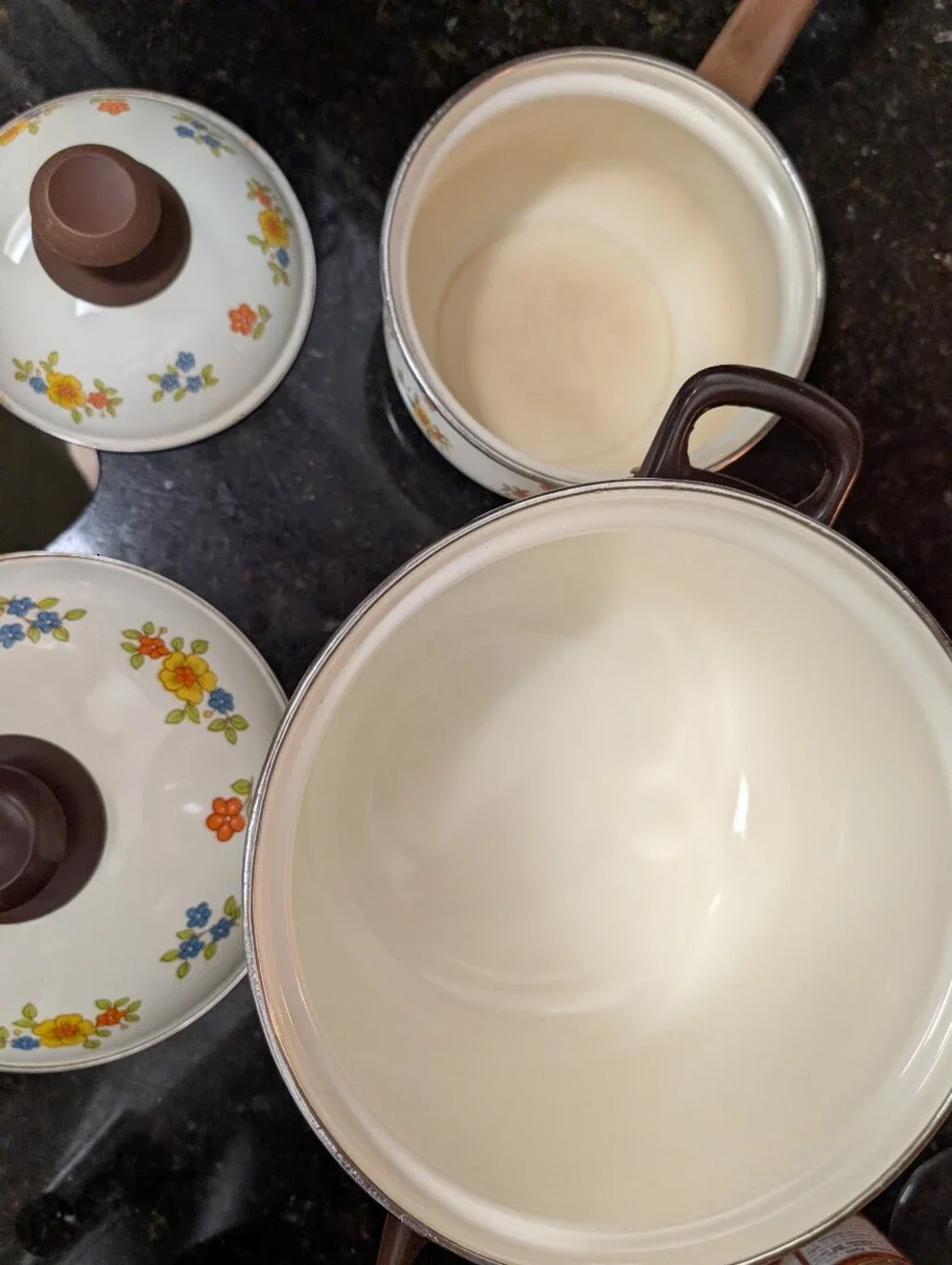vintage 1970s enamel pots in the 